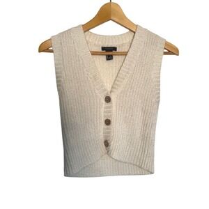 Forever 21 Cream Ribbed Knit V Neck Button Front Cropped Sweater Vest Women S
